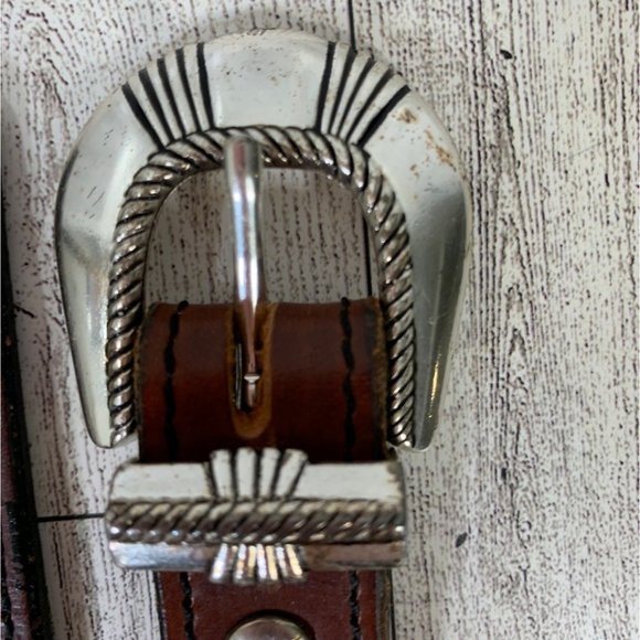 VTG Womens French Cuir Vachette Belt Skinny Southwestern Sz XL Brown Leather 90s